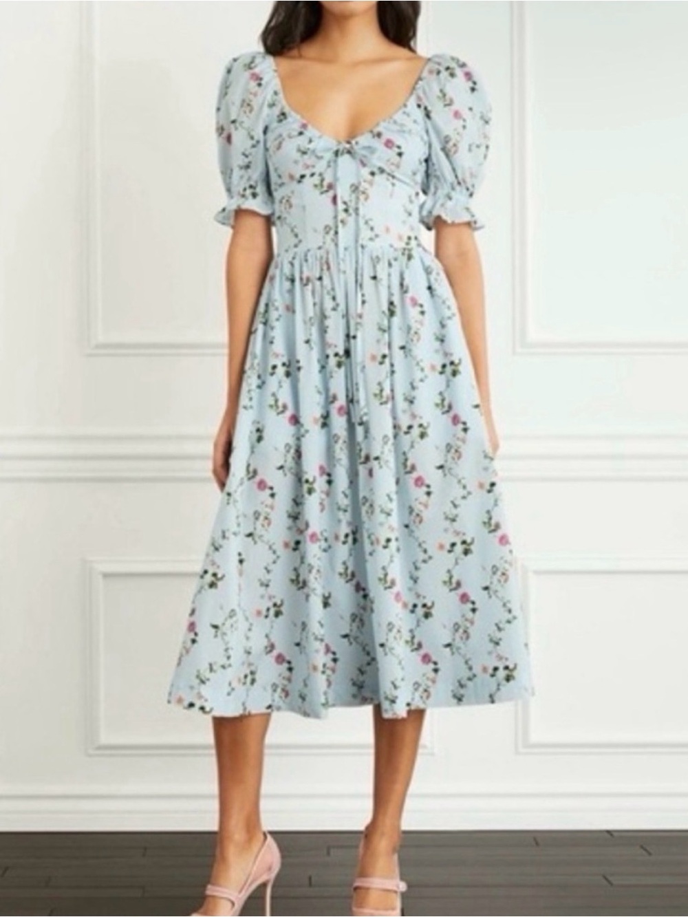 Hill House Home Floral Puff-Sleeve Midi Dress in Pale Blue with Pink Accents